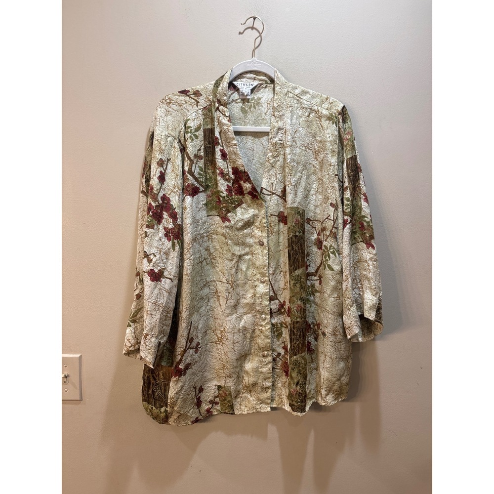 Citron Santa Monica 100% Silk Blouse 3X Plus Cherry Blossom Botanical‎ Art Top